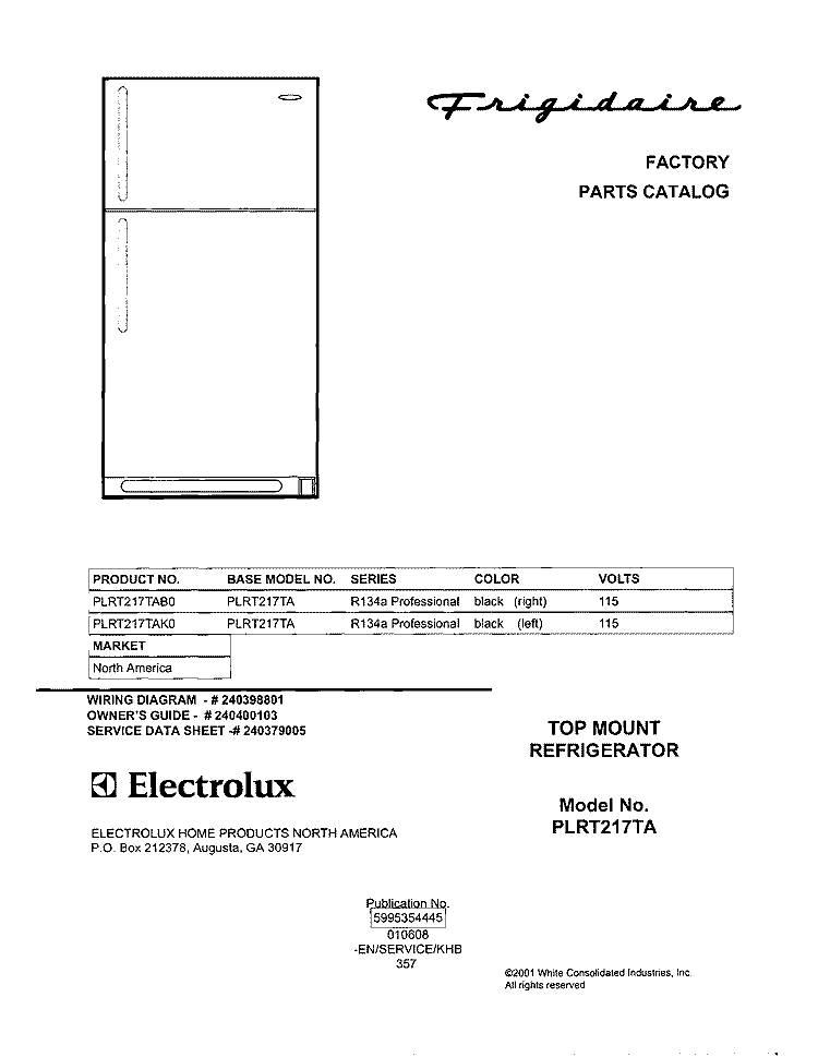 COVER Diagram and Parts List for PLRT217TAB0  Frigidaire Refrigerator