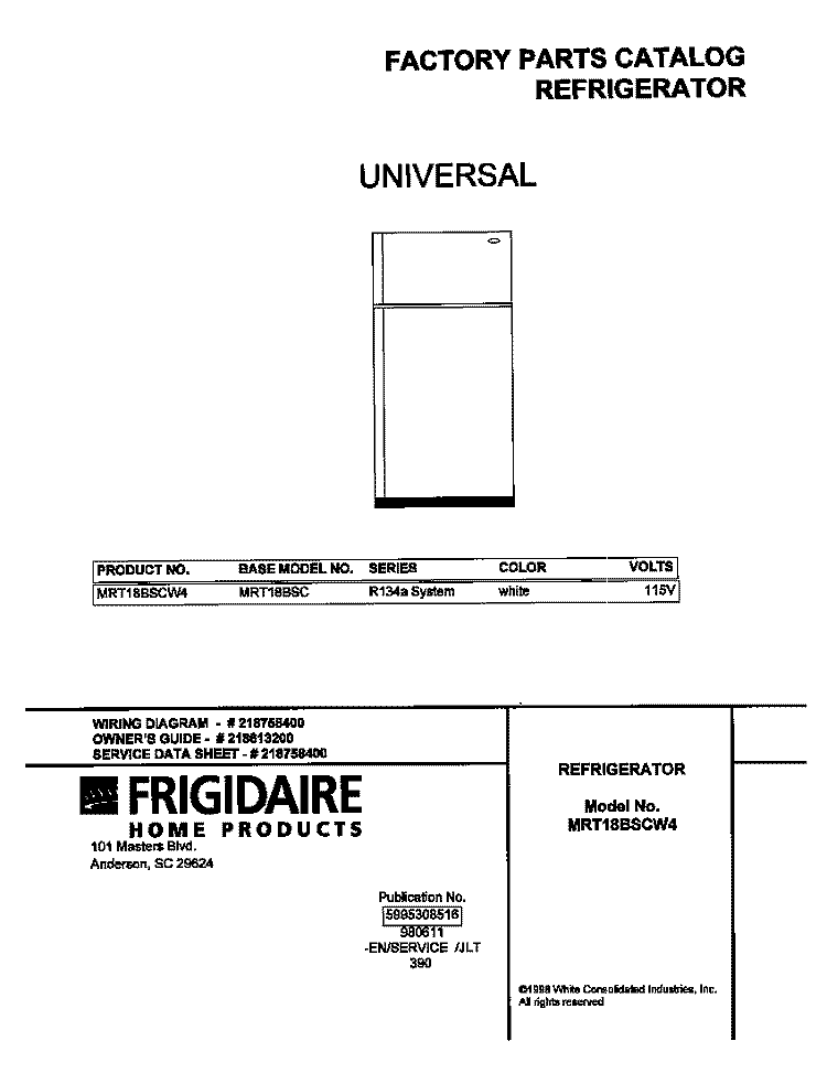 COVER Diagram and Parts List for MRT18BSCW4  Frigidaire Refrigerator