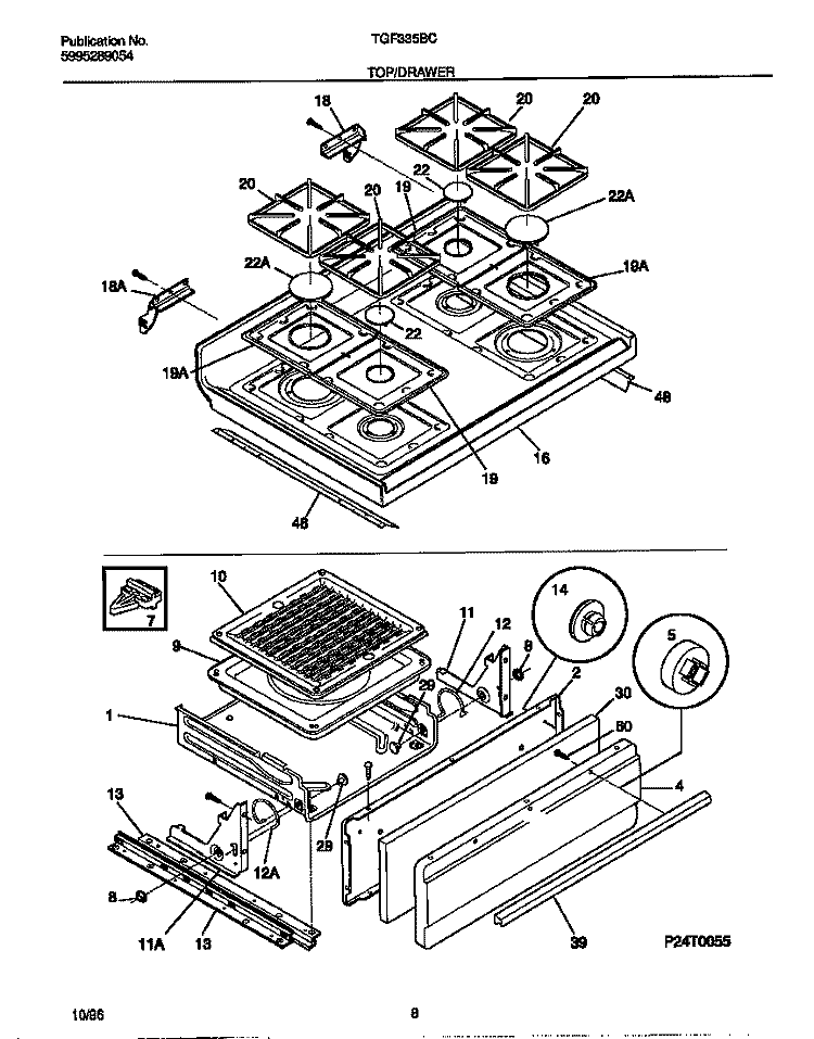 TOP / DRAWER Diagram and Parts List for TGF335BCWD  Tappan Range