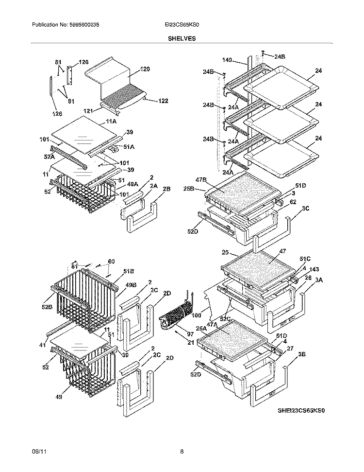 SHELVES Diagram and Parts List for EI23CS65KS0  Electrolux Refrigerator
