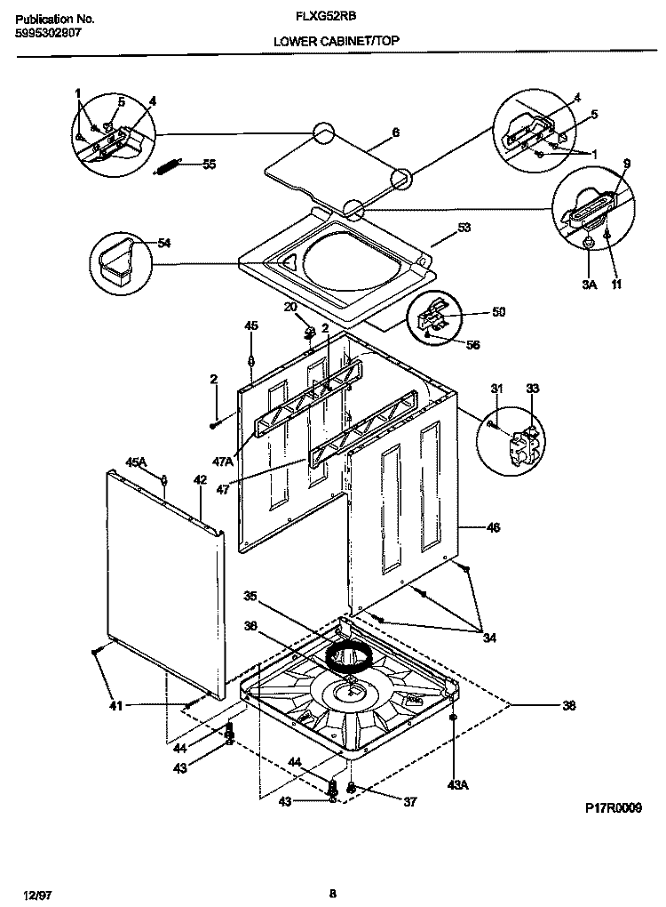 LOWER CABINET / TOP Diagram and Parts List for FLXG52RBS5  Frigidaire Washer Dryer Combo