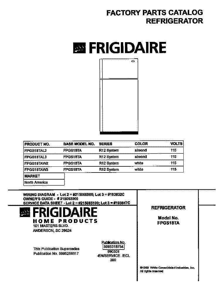 COVER Diagram and Parts List for FPGS18TAL3  Frigidaire Refrigerator