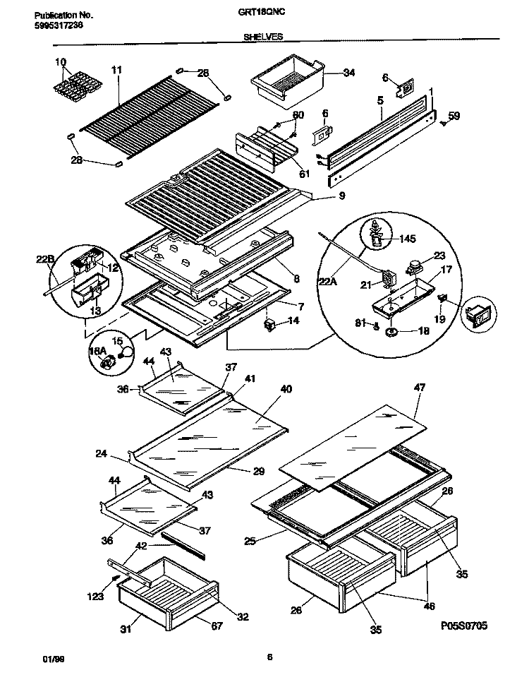 SHELVES Diagram and Parts List for GRT18QNCW6  Gibson Refrigerator