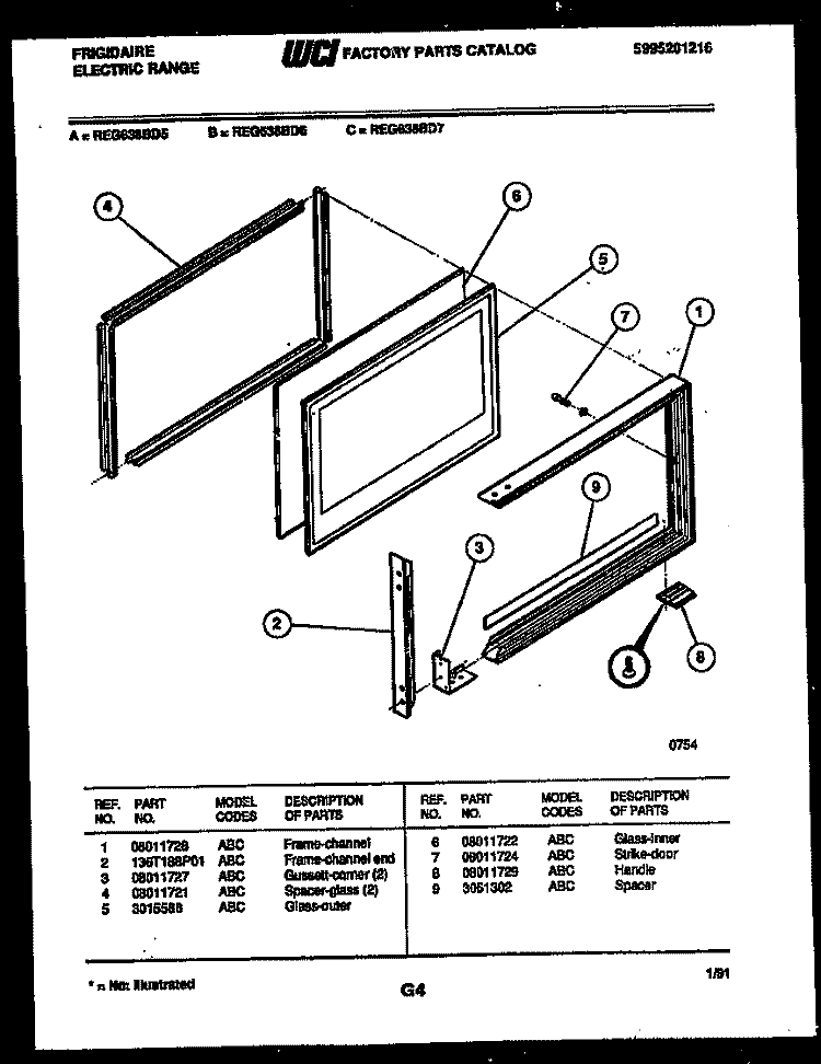 UPPER OVEN DOOR PARTS Diagram and Parts List for REG638BDL5  Frigidaire Range