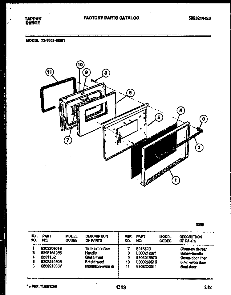 LOWER OVEN DOOR PARTS Diagram and Parts List for 72-3651-23-01  Tappan Range