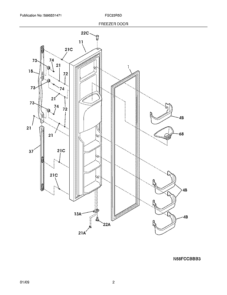 FREEZER DOOR Diagram and Parts List for FSC23R5DWL  Frigidaire Refrigerator