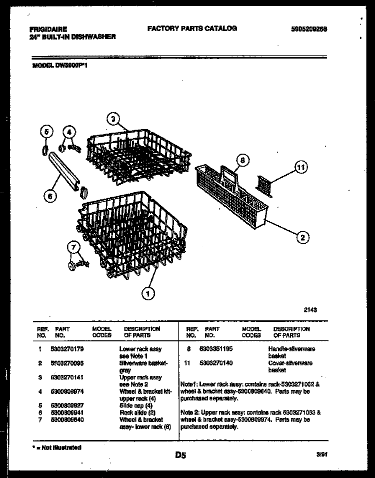 RACKS AND TRAYS Diagram and Parts List for DW5800PW1  Frigidaire Dishwasher