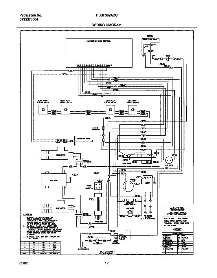 WIRING SCHEMATIC Diagram and Parts List for PLGF389ACC  Frigidaire Range