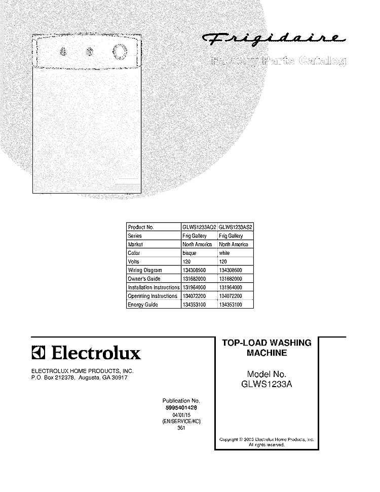 COVER Diagram and Parts List for GLWS1233AQ2  Frigidaire Washer