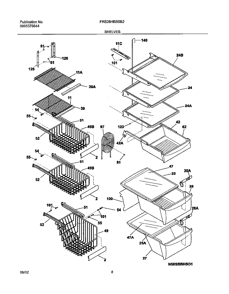 SHELVES Diagram and Parts List for FRS26HBBSB2  Frigidaire Refrigerator