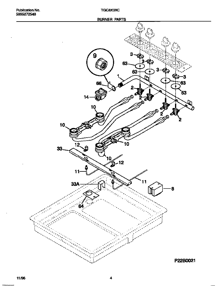 BURNER PARTS Diagram and Parts List for TGC8X3XCCA  Tappan Cooktop