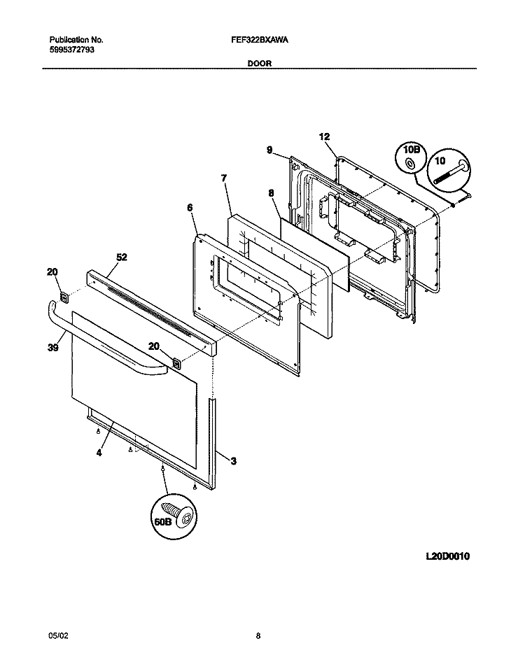 DOOR Diagram and Parts List for FEF322BXAWA  Frigidaire Range