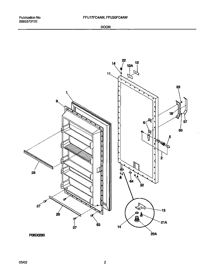 DOOR Diagram and Parts List for FFU20FC4AW2  Frigidaire Freezer