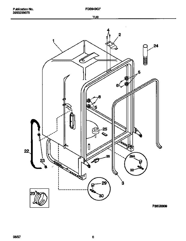 TUB Diagram and Parts List for FDB949GFB0  Frigidaire Dishwasher