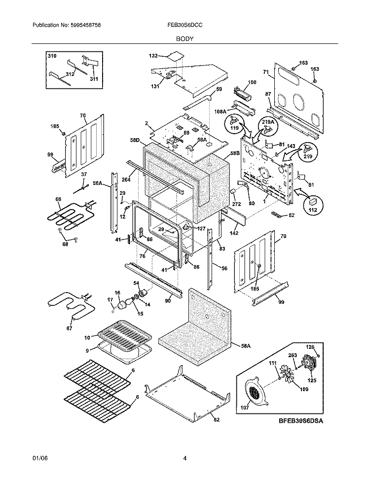 BODY Diagram and Parts List for FEB30S6DCC  Frigidaire Wall Oven
