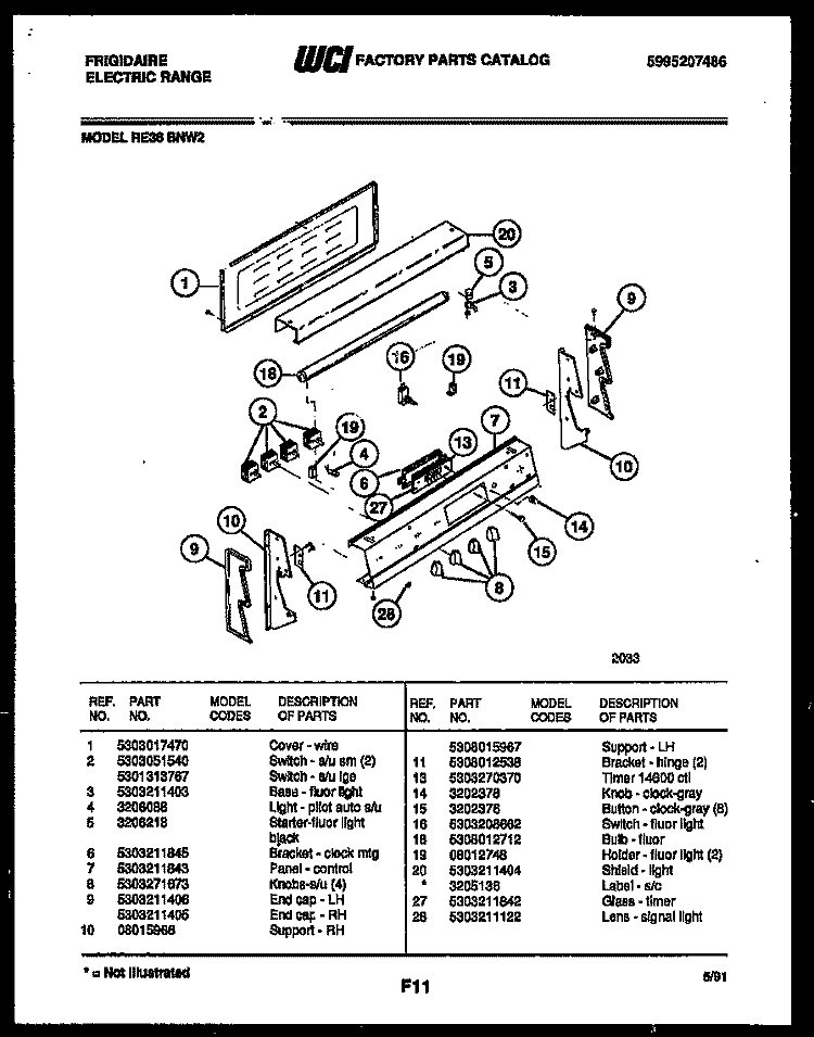 CONTROL PANEL Diagram and Parts List for RE36BNW2  Frigidaire Range