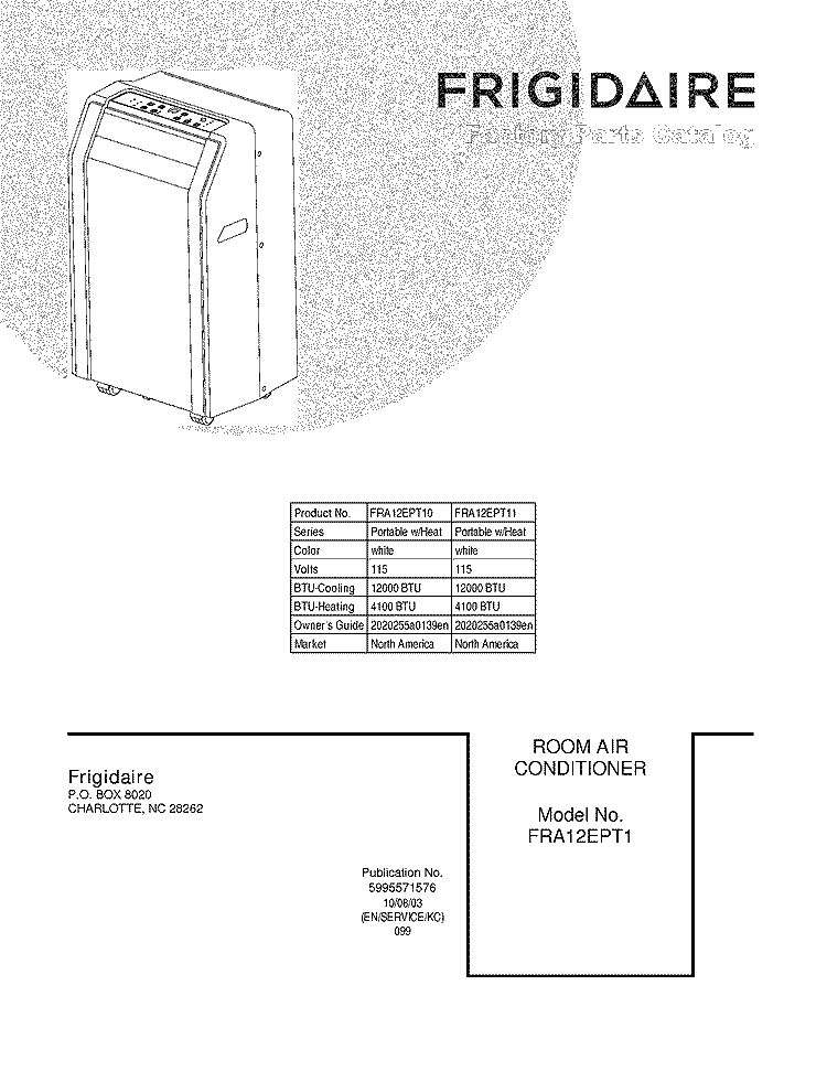 COVER Diagram and Parts List for FRA12EPT11  Frigidaire Air Conditioner