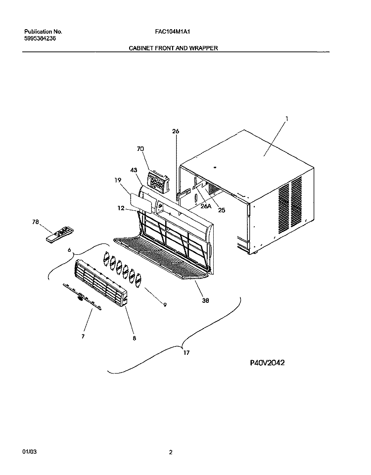 CABINET FRONT AND WRAPPER Diagram and Parts List for FAC104M1A1  Frigidaire Air Conditioner