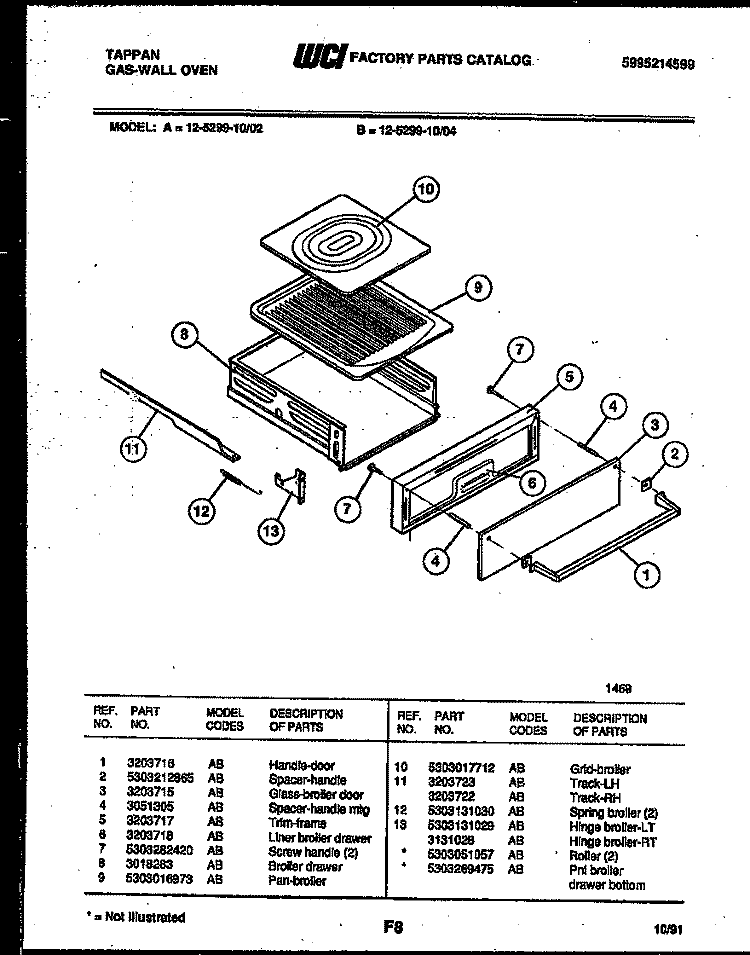 BROILER DRAWER PARTS Diagram and Parts List for 12-5299-00-02  Tappan Wall Oven
