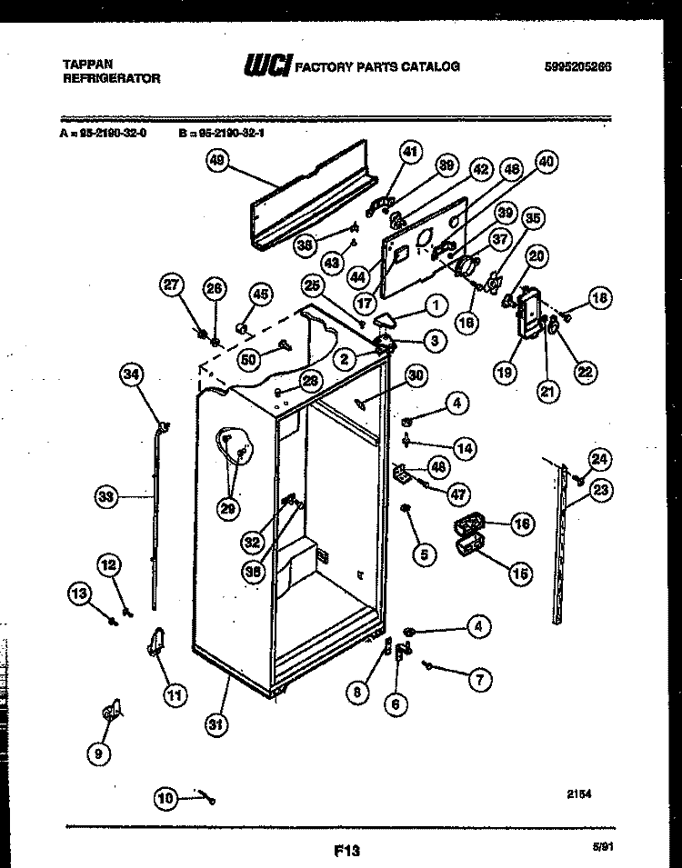 CABINET PARTS Diagram and Parts List for 95-2190-32-00  Tappan Refrigerator
