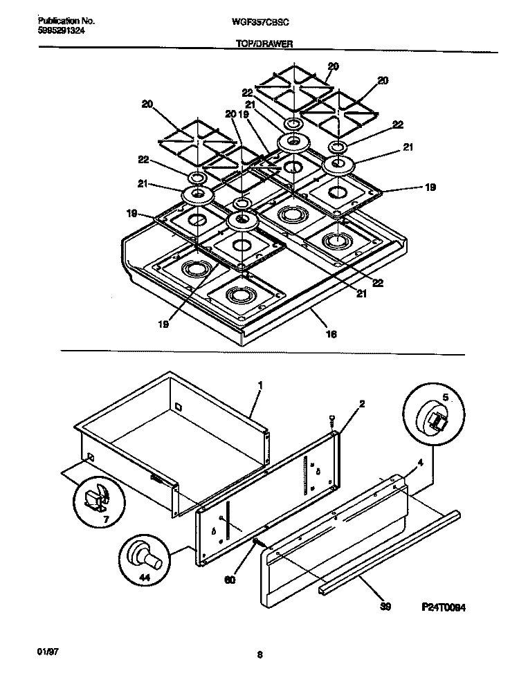 TOP / DRAWER Diagram and Parts List for WGF357CBSC  Frigidaire Range