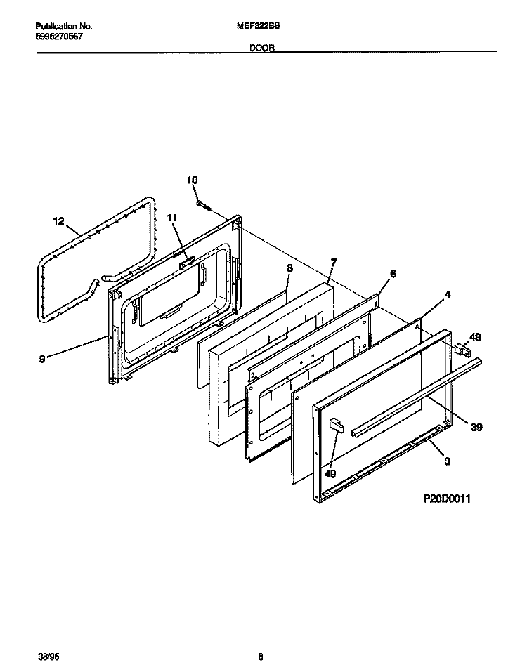 DOOR Diagram and Parts List for MEF322BBWD  Frigidaire Range