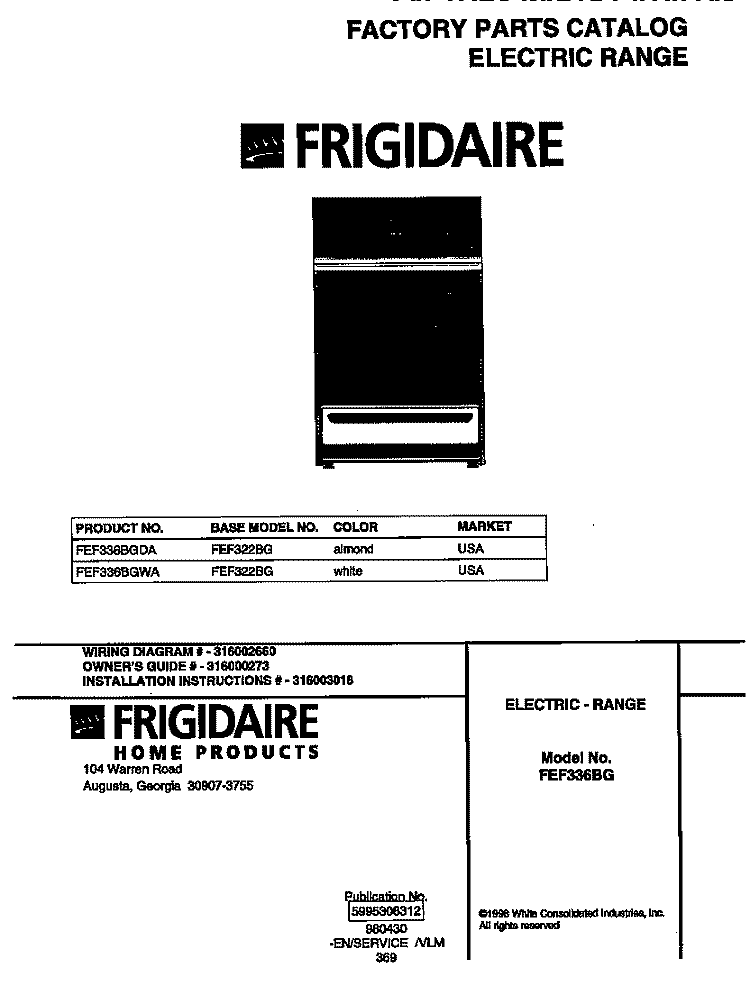 COVER Diagram and Parts List for FEF336BGWA  Frigidaire Range