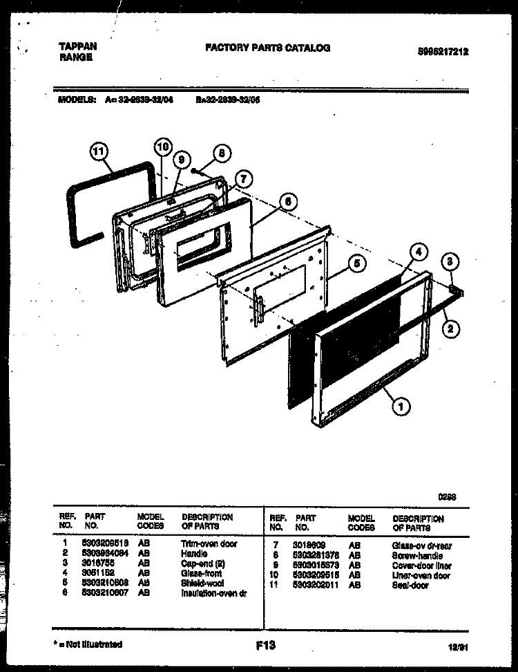 DOOR PARTS Diagram and Parts List for 32-2639-00-05  Tappan Range