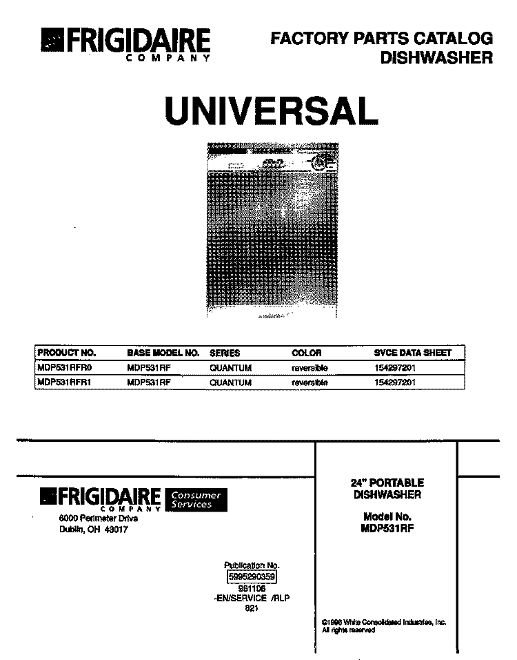 COVER Diagram and Parts List for MDP531RFR1  Frigidaire Dishwasher