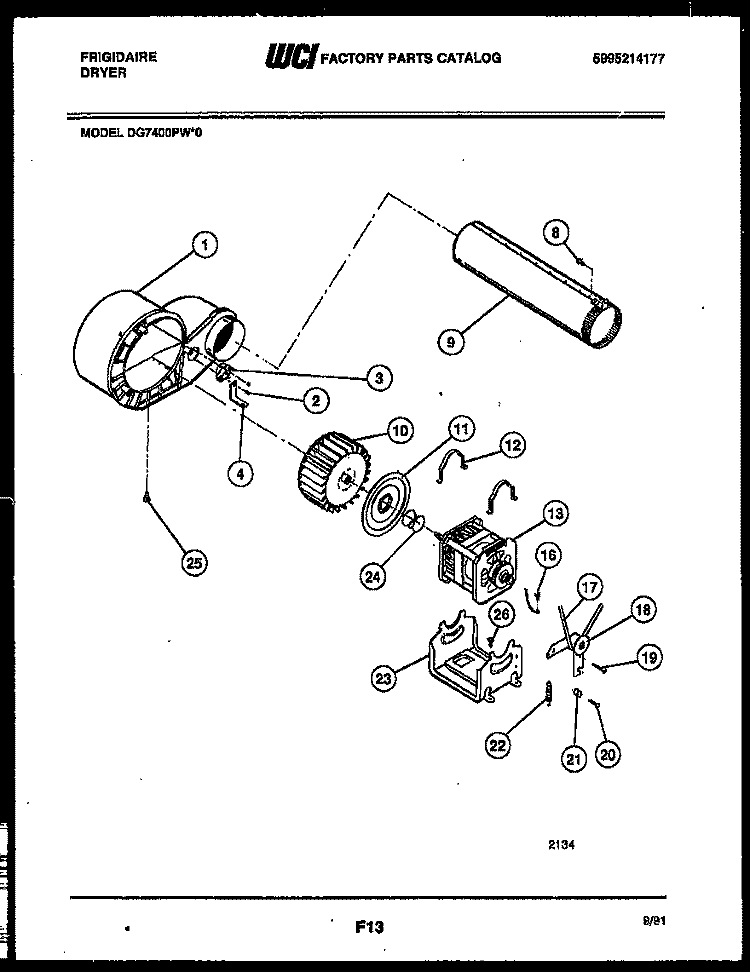 BLOWER AND DRIVE PARTS Diagram and Parts List for DG7400PW0  Frigidaire Dryer