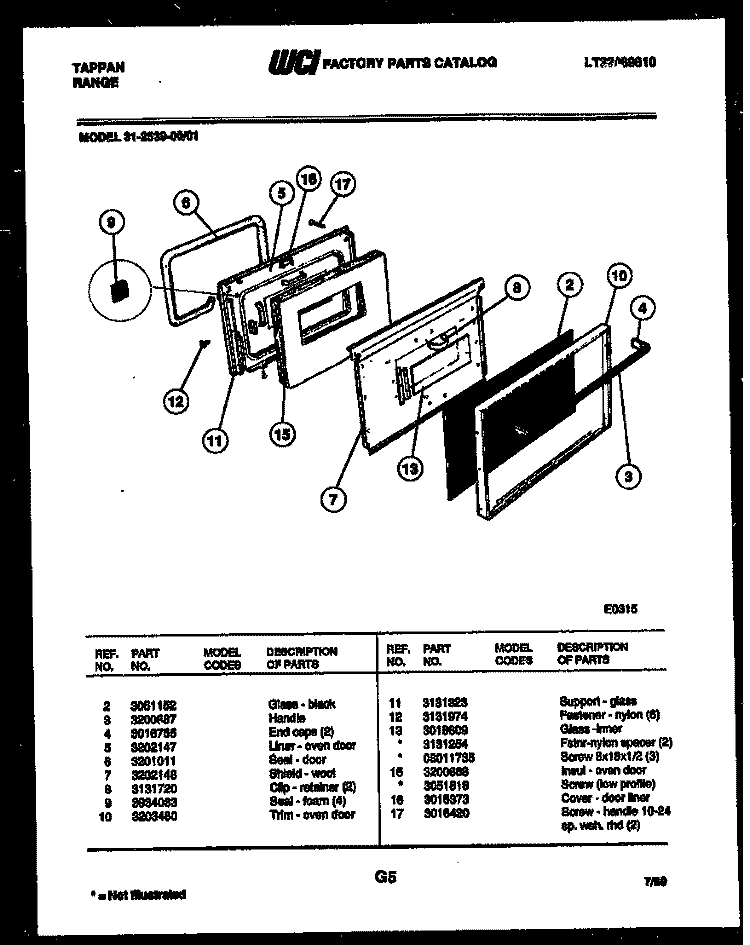 DOOR PARTS Diagram and Parts List for 31-2539-00-01  Tappan Range