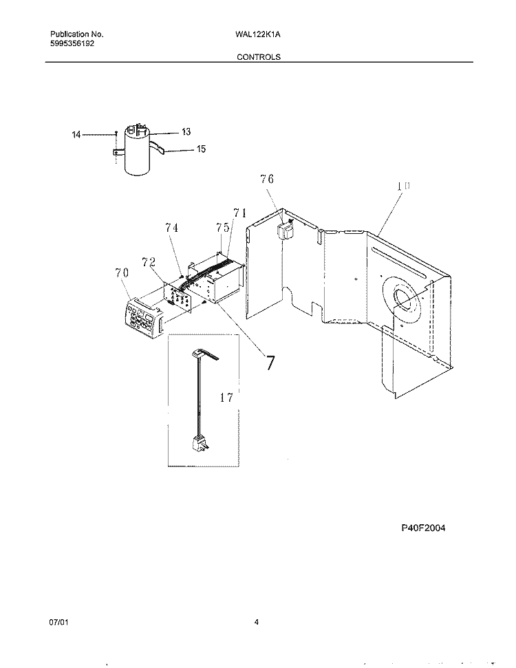 CONTROLS Diagram and Parts List for WAL122K1A1  Westinghouse Air Conditioner