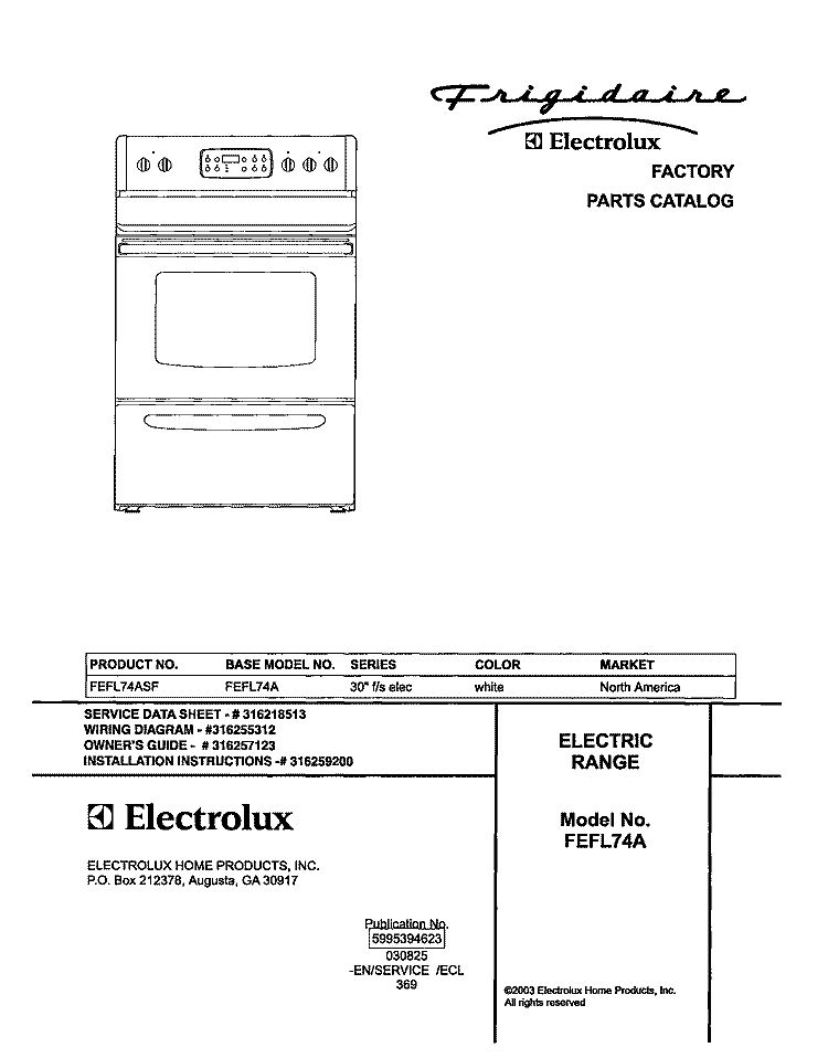COVER Diagram and Parts List for FEFL74ASF  Frigidaire Range