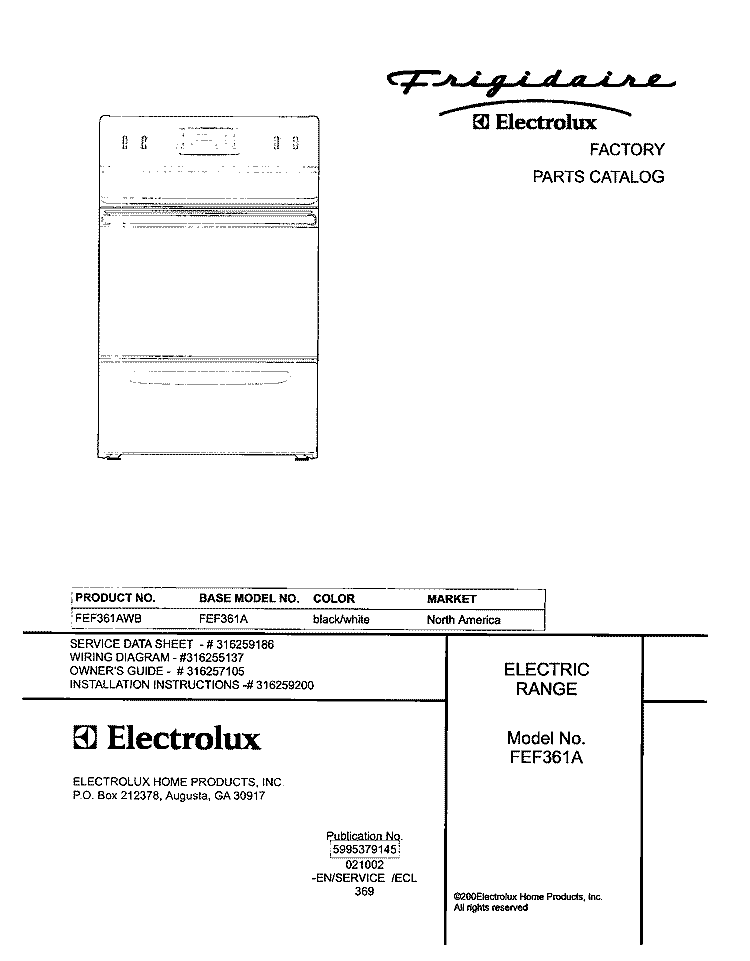 COVER Diagram and Parts List for FEF361AWB  Frigidaire Range