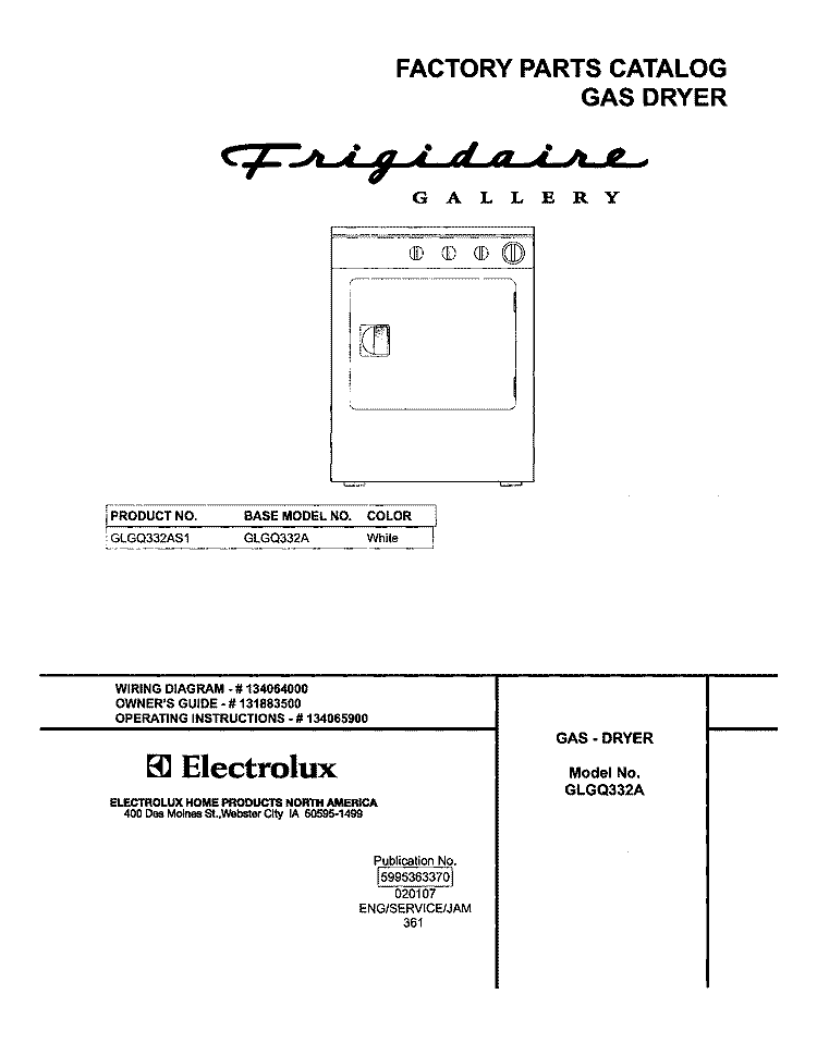 COVER Diagram and Parts List for GLGQ332AS1  Frigidaire Dryer