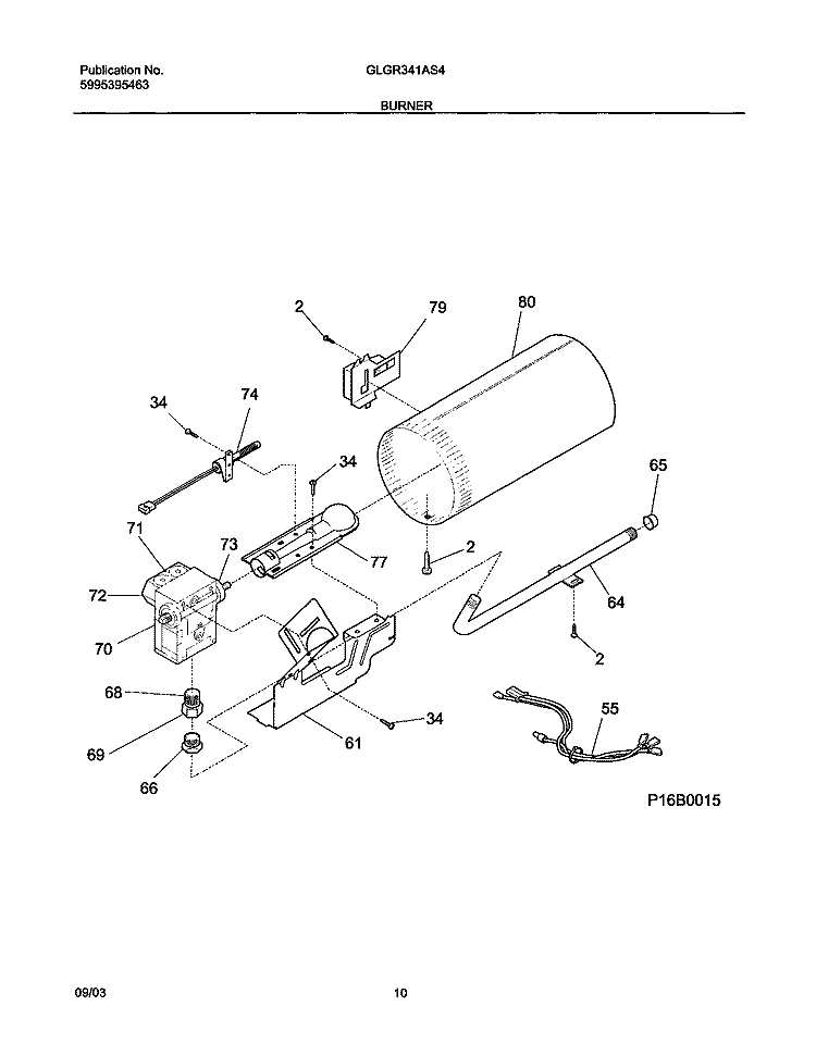 BURNER Diagram and Parts List for GLGR341AS4  Frigidaire Dryer