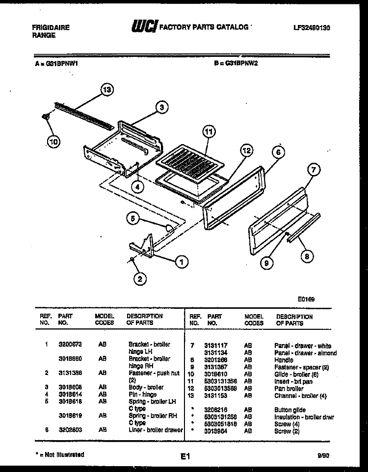 BROILER DRAWER PARTS Diagram and Parts List for G31BPNL2  Frigidaire Range