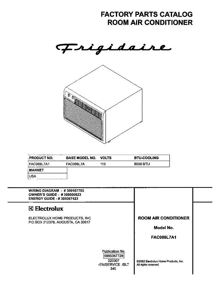 COVER Diagram and Parts List for FAC088L7A1  Frigidaire Air Conditioner