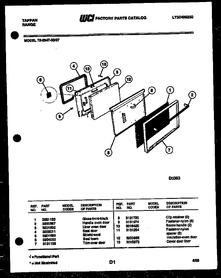 LOWER OVEN DOOR PARTS Diagram and Parts List for 72-2547-00-07  Tappan Range