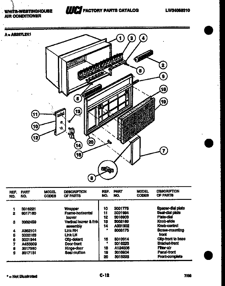 CABINET PARTS Diagram and Parts List for AS287L2K1  Frigidaire Air Conditioner
