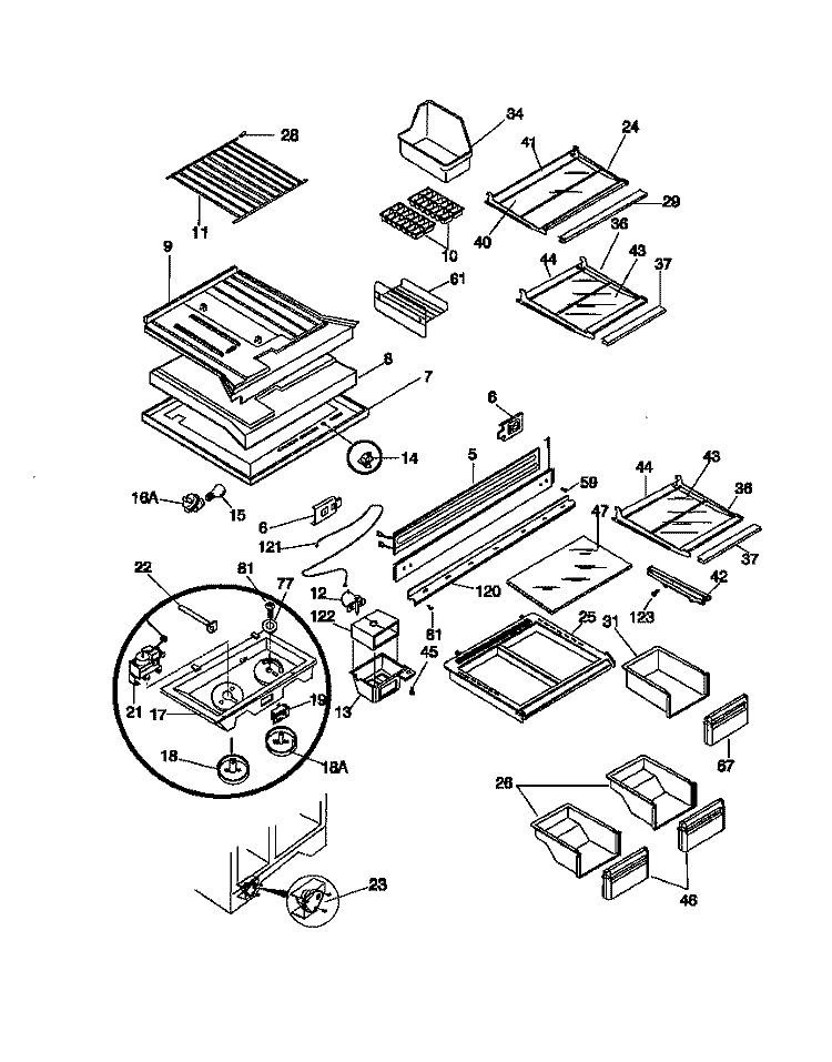 SHELVES, CONTROLS Diagram and Parts List for FRT22PRCD0  Frigidaire Refrigerator
