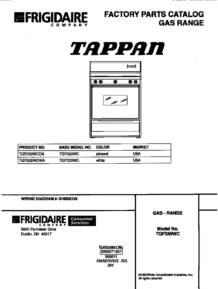 COVER Diagram and Parts List for TGF330WCDA  Tappan Range