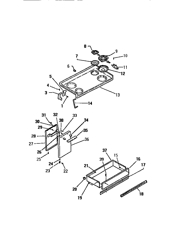 TOP / DOOR / DRAWER Diagram and Parts List for REC406CT0  Kelvinator Range