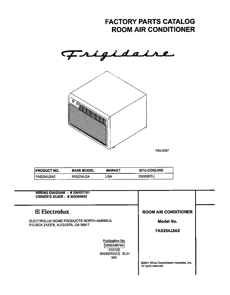 COVER Diagram and Parts List for FAS254J2A2  Frigidaire Air Conditioner
