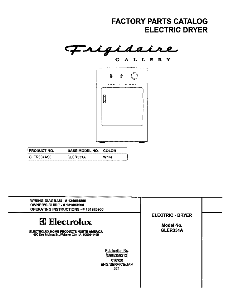 COVER Diagram and Parts List for GLER331AS0  Frigidaire Dryer