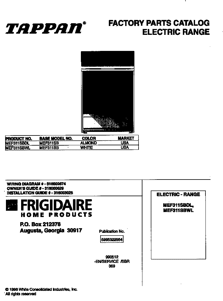 COVER Diagram and Parts List for MEF311SBWL  Frigidaire Range