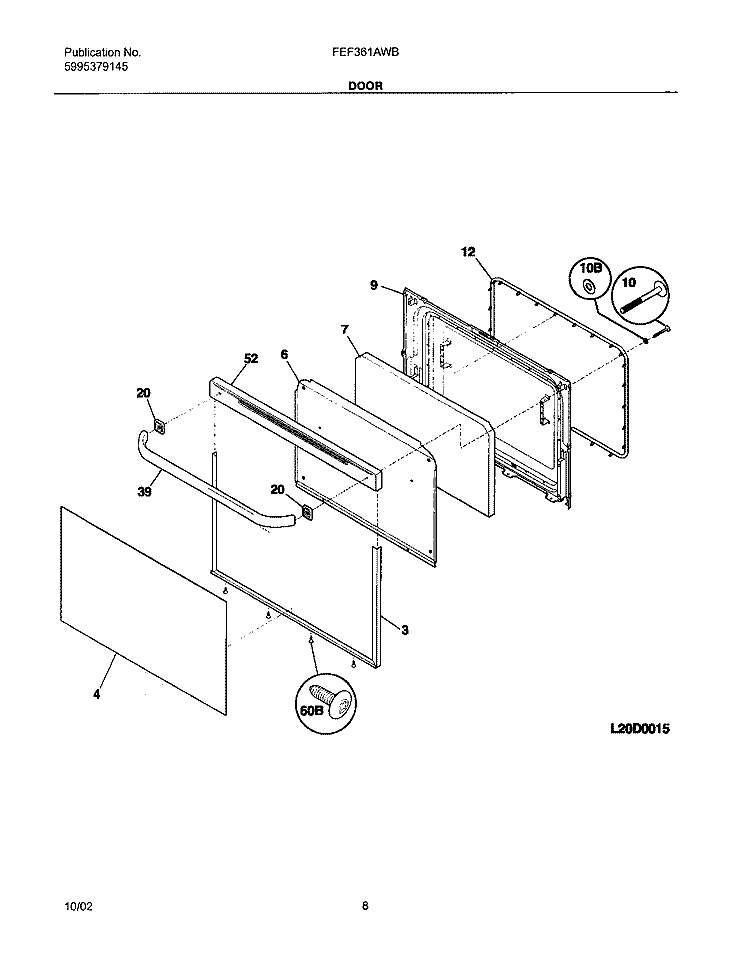 DOOR Diagram and Parts List for FEF361AWB  Frigidaire Range