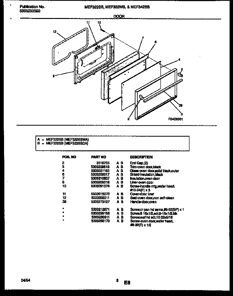 DOOR PARTS Diagram and Parts List for MEF322SBWA  Frigidaire Range