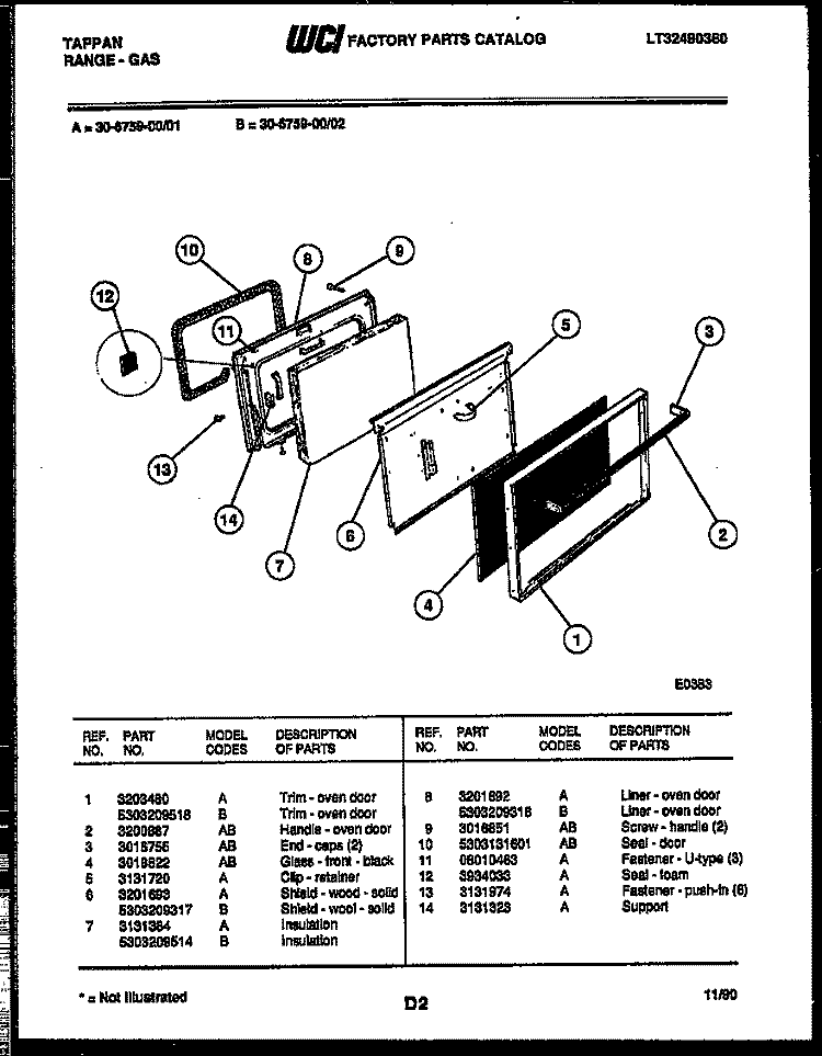 DOOR PARTS Diagram and Parts List for 30-6759-23-02  Tappan Range