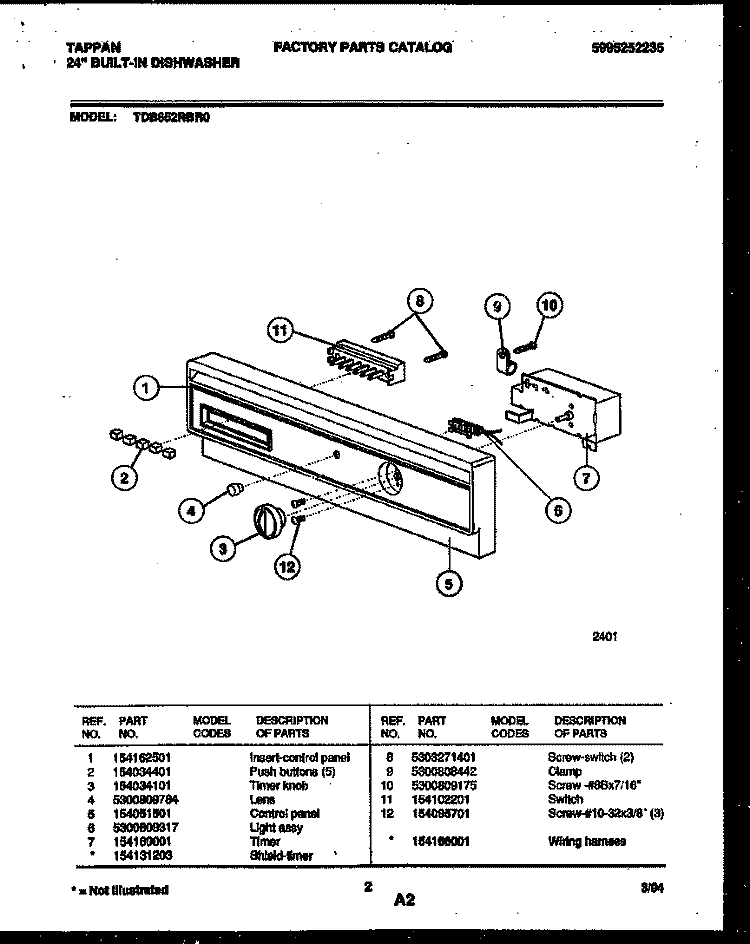 CONSOLE AND CONTROL PARTS Diagram and Parts List for TDB652RBR0  Tappan Dishwasher